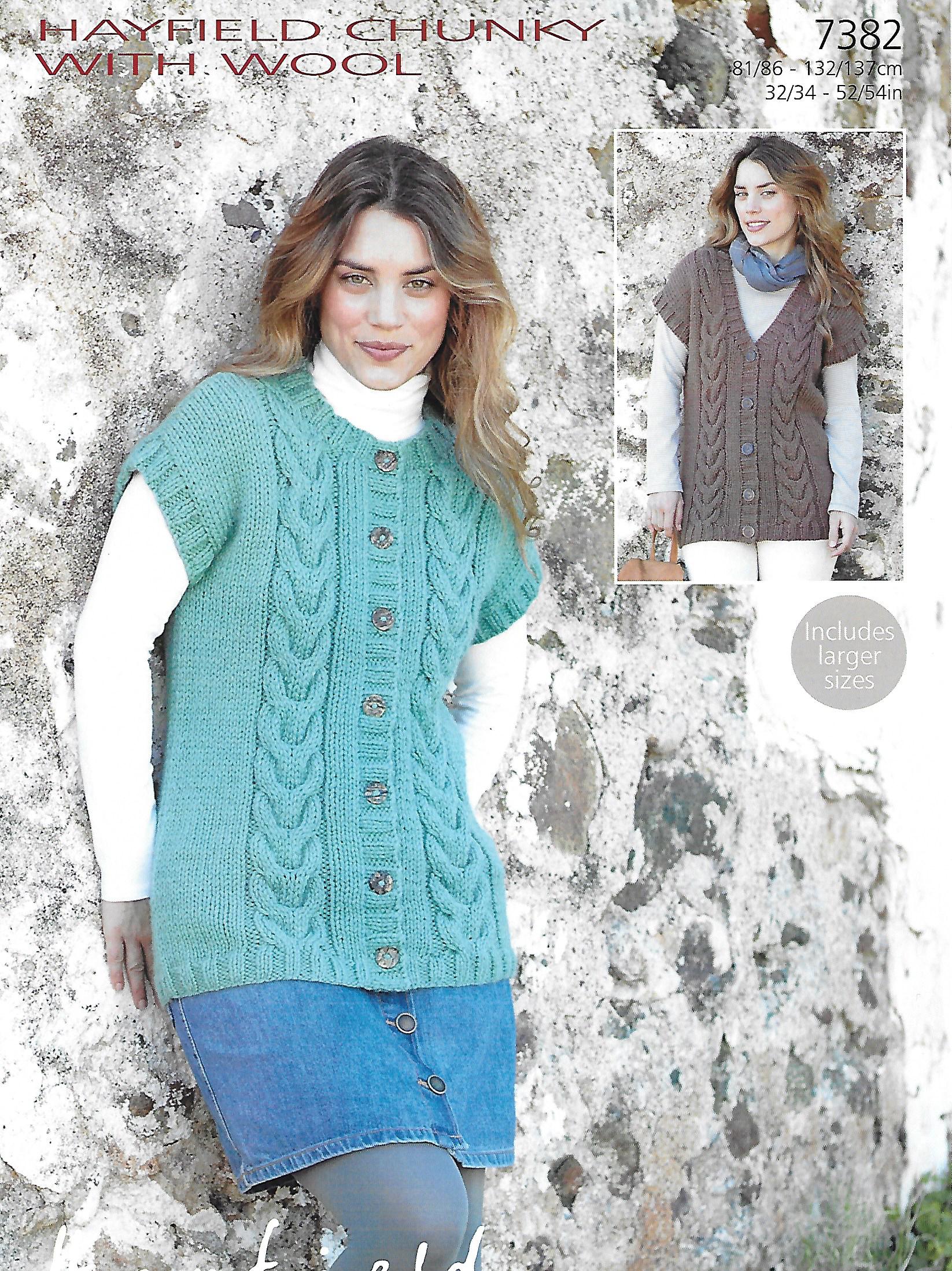 Hayfield 7382 Gilets/Vests knit out of chunky (#5) weight yarn. Sizes 32" to 54".